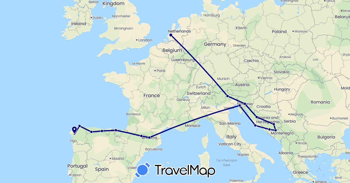 TravelMap itinerary: driving in Andorra, Bosnia and Herzegovina, Spain, France, Croatia, Italy, Netherlands, Slovenia (Europe)